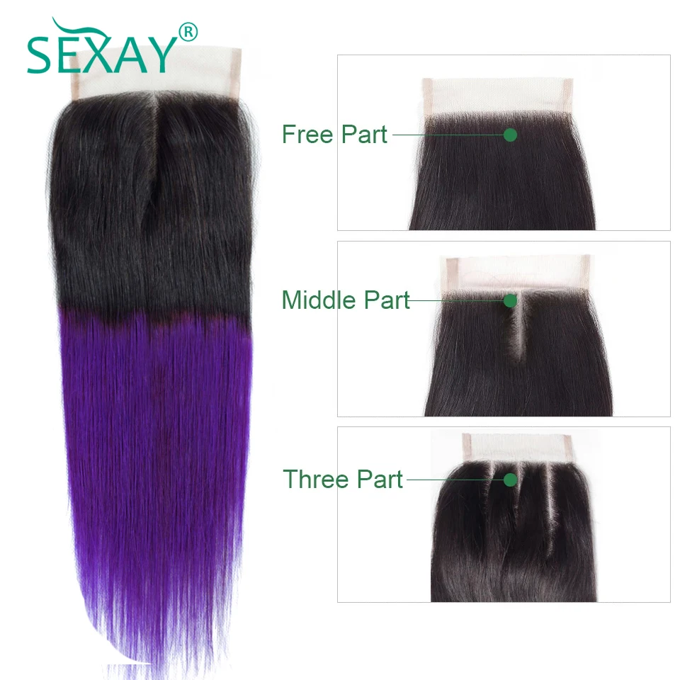 SEXAY прямые волосы Омбре Кружева Закрытие темно корни фиолетовый наращивание волос малазийские волосы прямые кружева закрытие не Реми волосы 1 шт