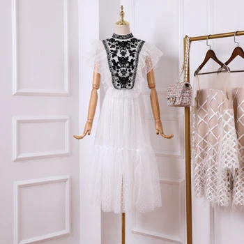 

2019 Summer Dress Vintage French Embroidery Lace Hepburn Style Temperate Ruffled Sweet Mesh Streetwear Dress Two-Piece Set