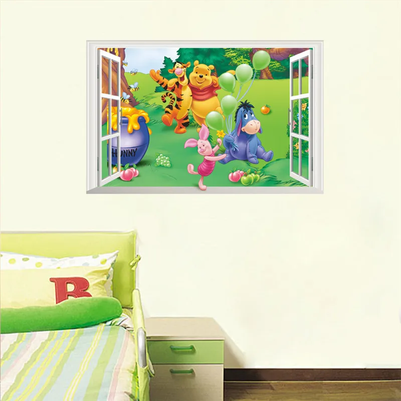 Мультфильм 3D окна Винни Пух медведь тигр свинья наклейки на стену для детской комнаты детская комната Домашний Декор Наклейка Фреска плакат искусство