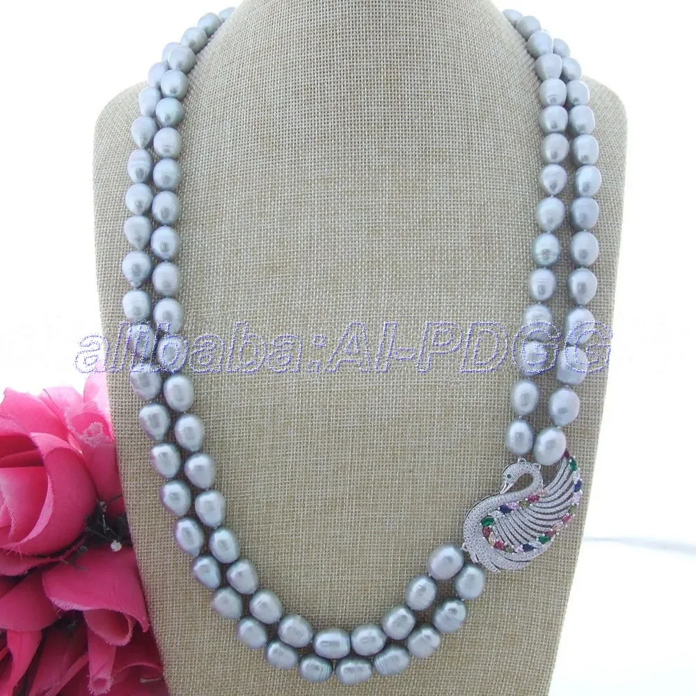 

S111903 2Strands 30''Grey Rice Pearl Necklace CZ Pendant