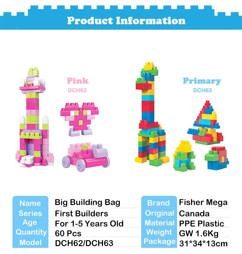 Подлинный бренд Mega Bloks Детская обучающая игрушка первые строители серии большие строительные блоки сумка DIY игрушка DCH62 63 Sac De Blocs