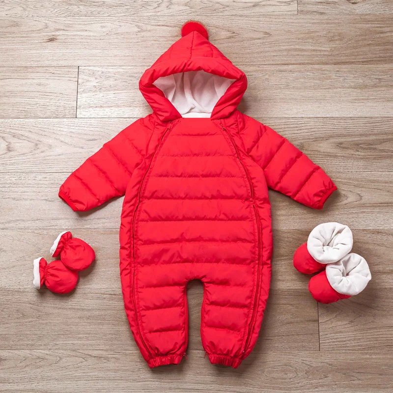 Зимний комбинезон для маленьких мальчиков и девочек, однотонный комбинезон с капюшоном для новорожденных, зимний комбинезон для малышей, зимнее пуховое пальто с носками