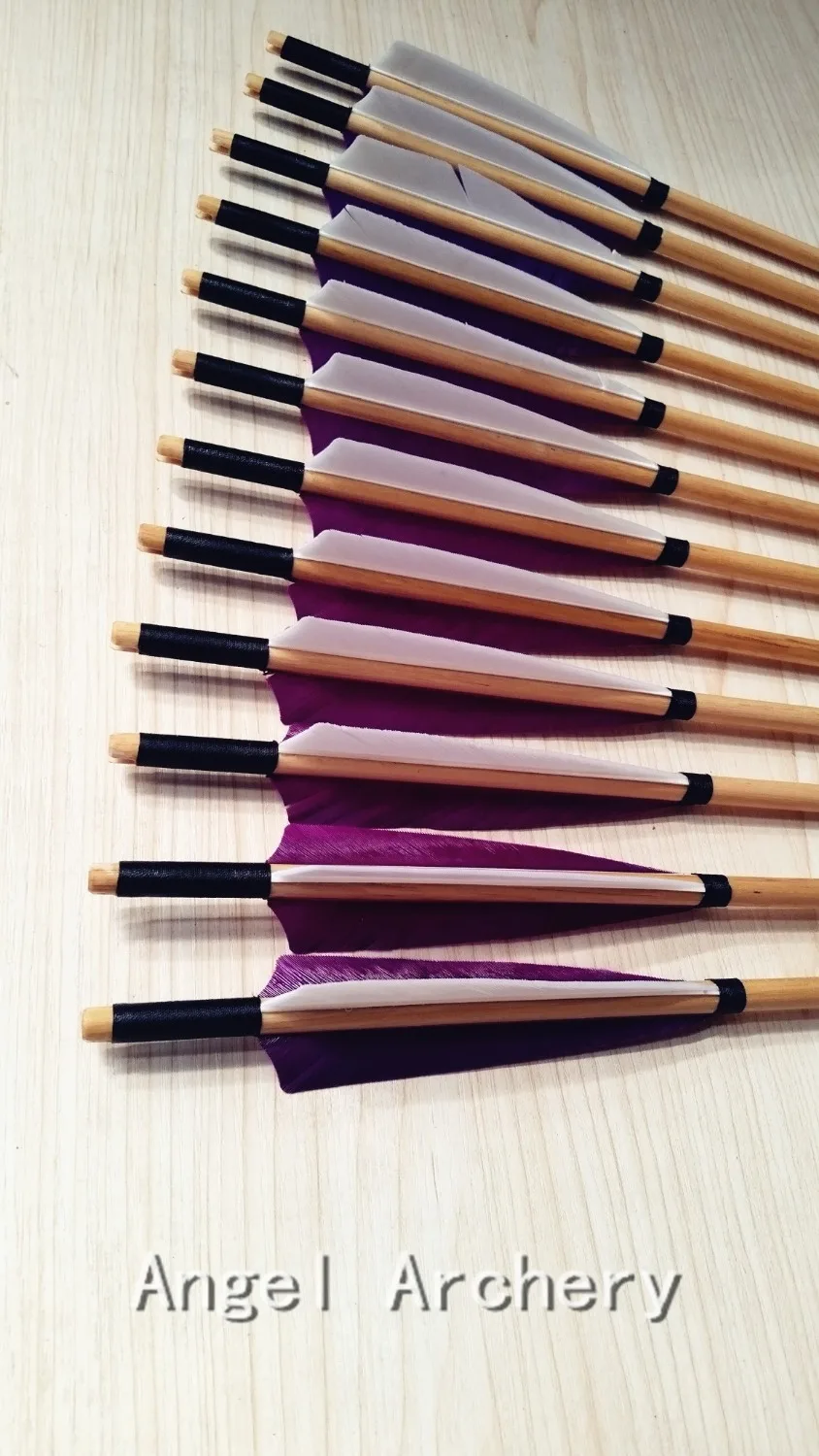 

New purple feathers 12PK Wooden Arrow Archery Handmade Arrow 32" Turkey Feather 20-70lbs Arrows for Hunting Long Bow