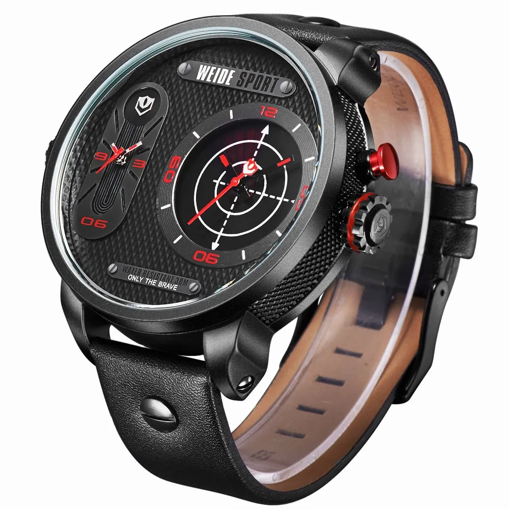 Waterproof! WEIDE Brand Military Watch Big Round Dial Analog Two Time Zones Display Leather Strap Men Army Sports Waches Relogio