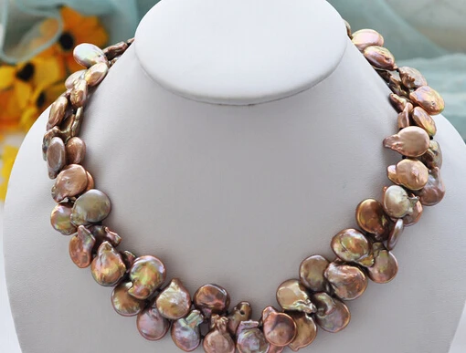 

Miss charm Jew2070 2row 17" 15mm coin coffee Freshwater cultured pearl necklace NEW