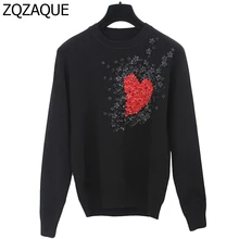 Женские осенне-зимние Новые ручной работы украшенные бисером маленькие 3D украшенные цветами Apparels Модные трикотажные пуловеры в форме любви SY1235