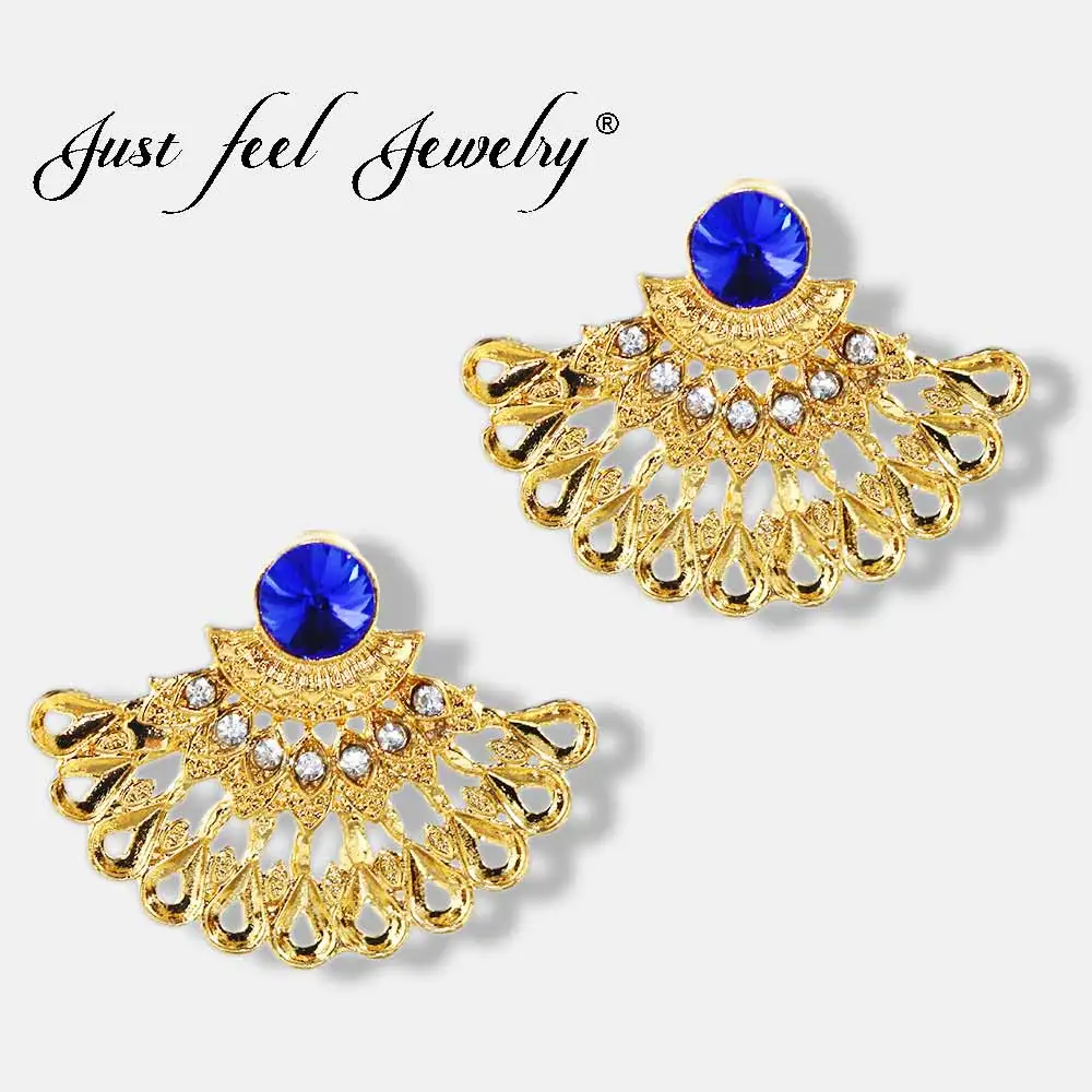 

Just Feel India Gold Color Crystal Stud Earrings Sector Hollow Out Fashion Earring Ethiopian Bijoux Wedding Jewelry For Women