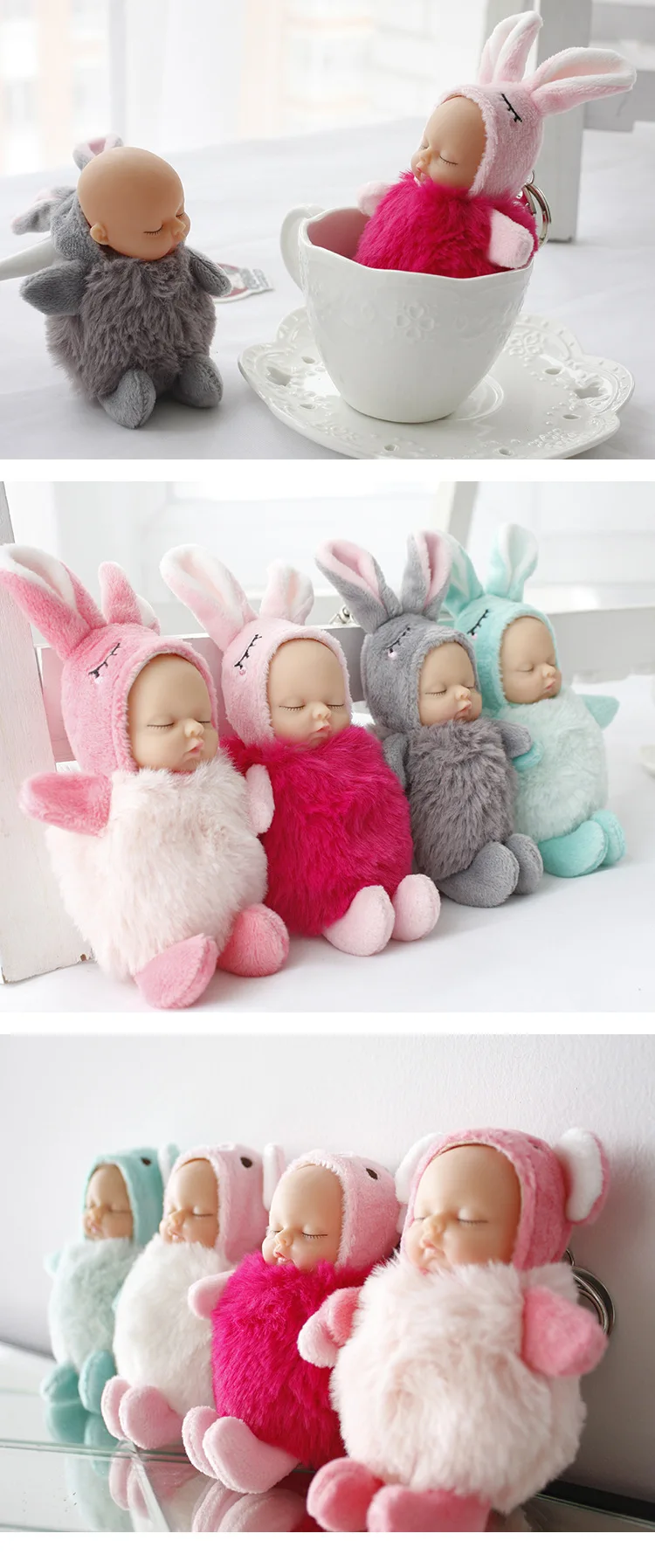Мультяшный милый кролик, Спящий ребенок, кукла, брелок, детская игрушка, плюшевый мех, помпон, брелок для ключей, Женская Автомобильная сумка, брелок, брелок