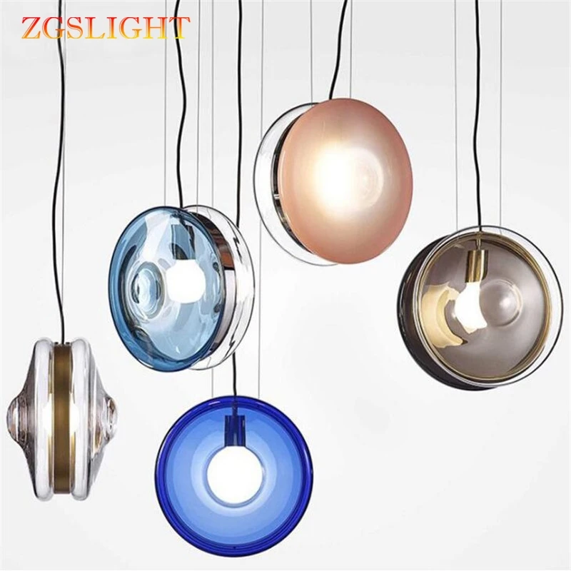 

Postmodern Creative Designer Glass Led E27 Pendant Light for Foyer Dining Room Bar Pink/Blue/ Amber/Clear Glass Suspension