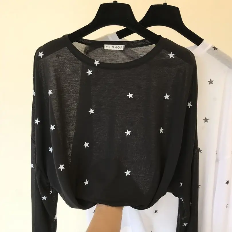 

TAOVK Sunscreen Women's Print T-shirt Long Sleeves Loose Micro Transparent Sun Protection Tops