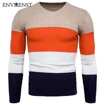 

Envmenst Autumn Winter Men Sweaters 4 Colors Patchwork Knitted Pullover Sweater Man's V-neck Slim Knitwear Pullovers
