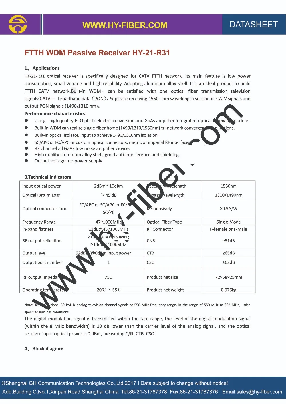 FTTH WDM Receiver HY-21-R311