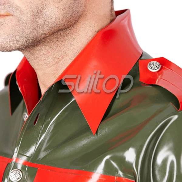 mens latex uniform top latex army man coat shirt