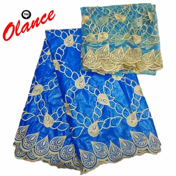 

Golden embroidered pattern African dress material with Beads 5 yards Bazin Riche and 2 yards net lace KY10 WAX lace Fabric