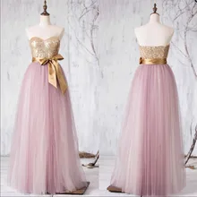 Elegante Rosa Gold Pailletten Lange Brautjungfer Kleider 2016 Nette Schatz Gold Gürtel Bowknot Prom Pageant Kleider Für Frauen