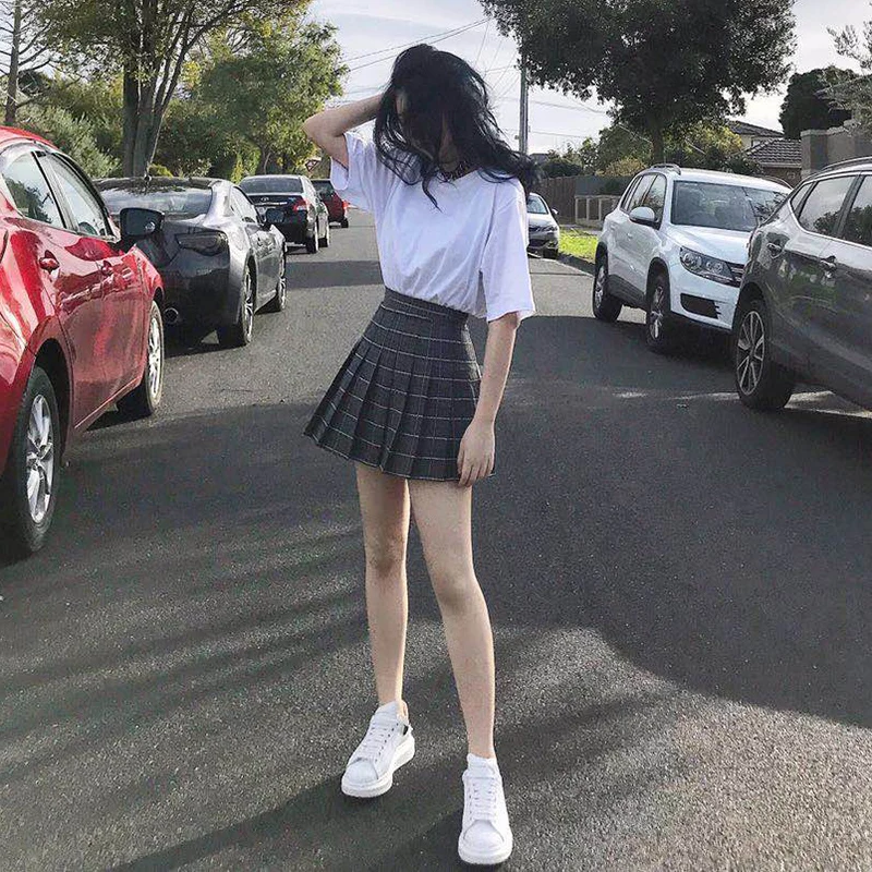 Клетчатая юбка в складку ulzzang высокой талией Тонкий harajuku Лето 2019 новый летний