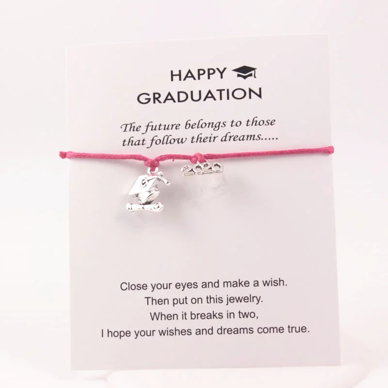 

Pink Leather Rope Bracelets 2019 2020 Bachelor Cap Dangle Charms Adjustable Wish Card Bracelets For Student Graduation Gift