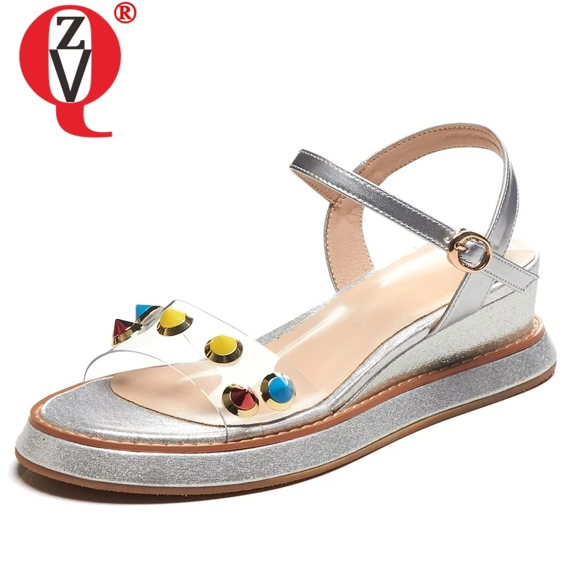 

ZVQ genuine leather punk cool red yellow rivet woman sandals summer student casual outside open toe 5.5cm med heels wedges shoes
