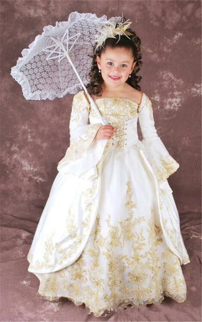 

Vintage Flower Girl Dress with Golden Appliques Full Sleeves Lace Up Back Satin Tiered Princess Dress Elegant Girl Birthday Gown
