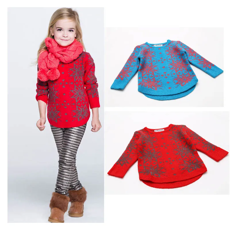 New 2014 Autumn Winter Snow Pattern Kid's Cardigan For Girls Neck Pullovers Children Sweater