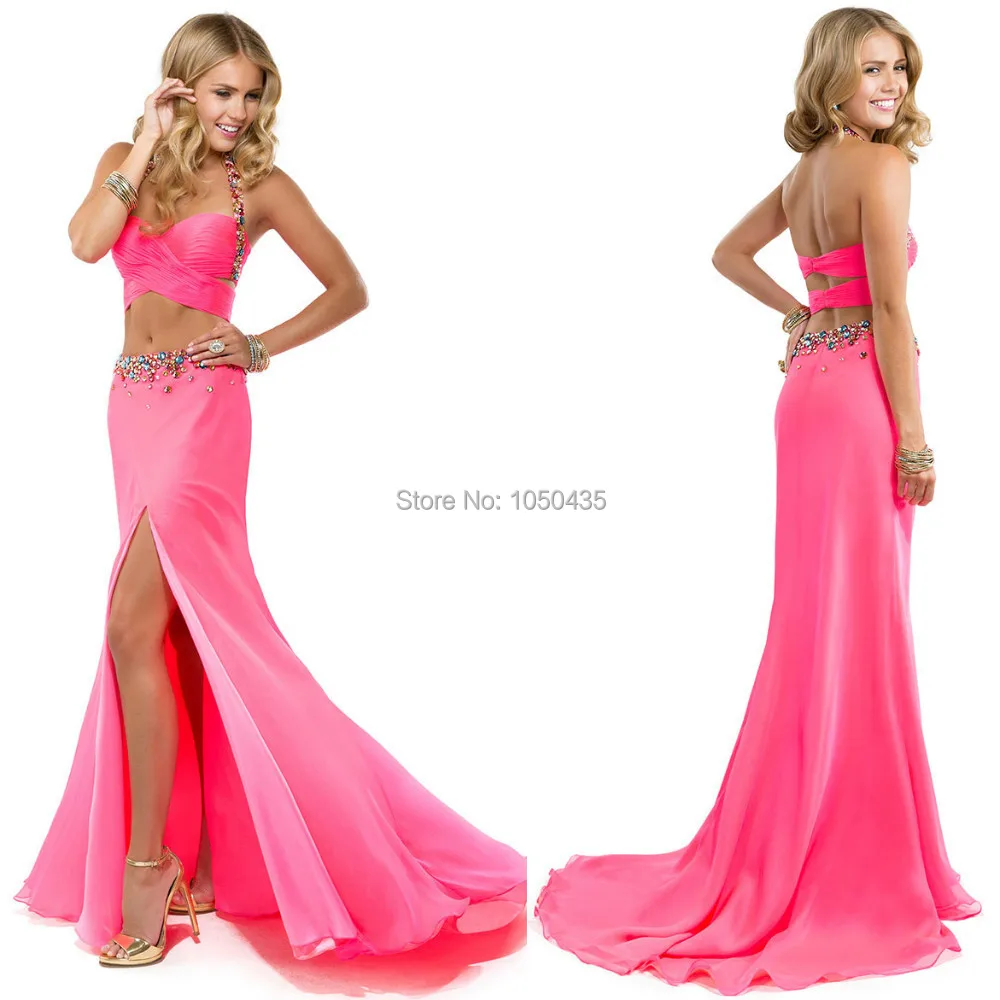 Halter High Split Dress Evening Gowns with Beads and Crystals Sexy Prom Dresses 2014 New Arrival Special Occasions PH49 | Свадьбы и