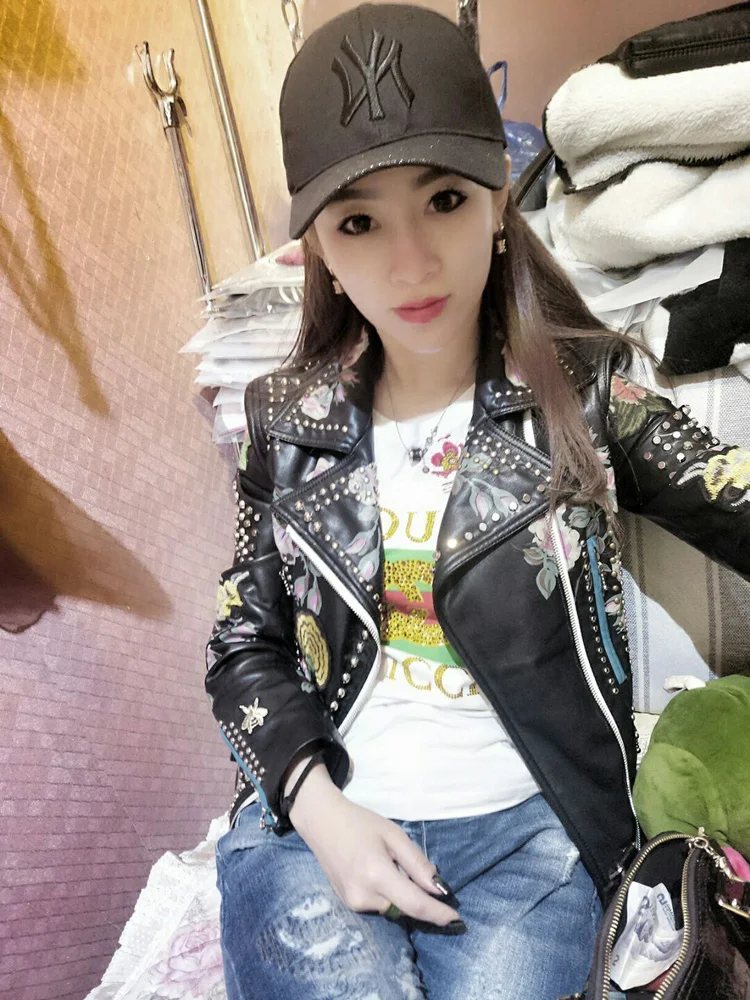 jacket High Quality jacket women Really Leather Women's Motorcycle Leather women jacket Handmade 200 Rivet leather coat