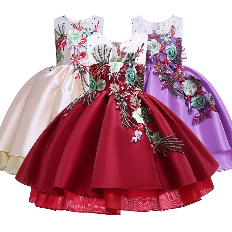 

embroidery big bow-knot Double hem Embroidered flower tutu princess dress birthday party wedding flower girl kids dress for girl