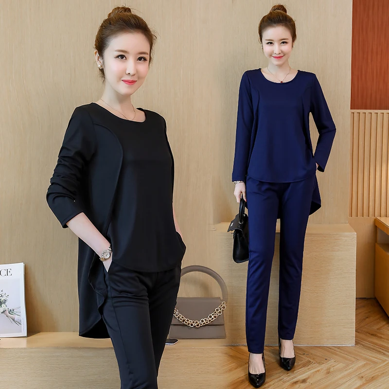 2018 New Women 2 Piece Set Women Suit Female Long Sleeve Lrregular Hem Tops Work Clothes Trousers Two-Piece Sets Foot Trousers