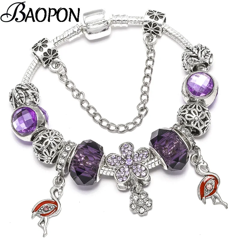 BAOPON Original Purple Flower& Crane Pendant Charm Bracelets for Women High Quality Fine Bracelets Best Couple Jewelry Gift