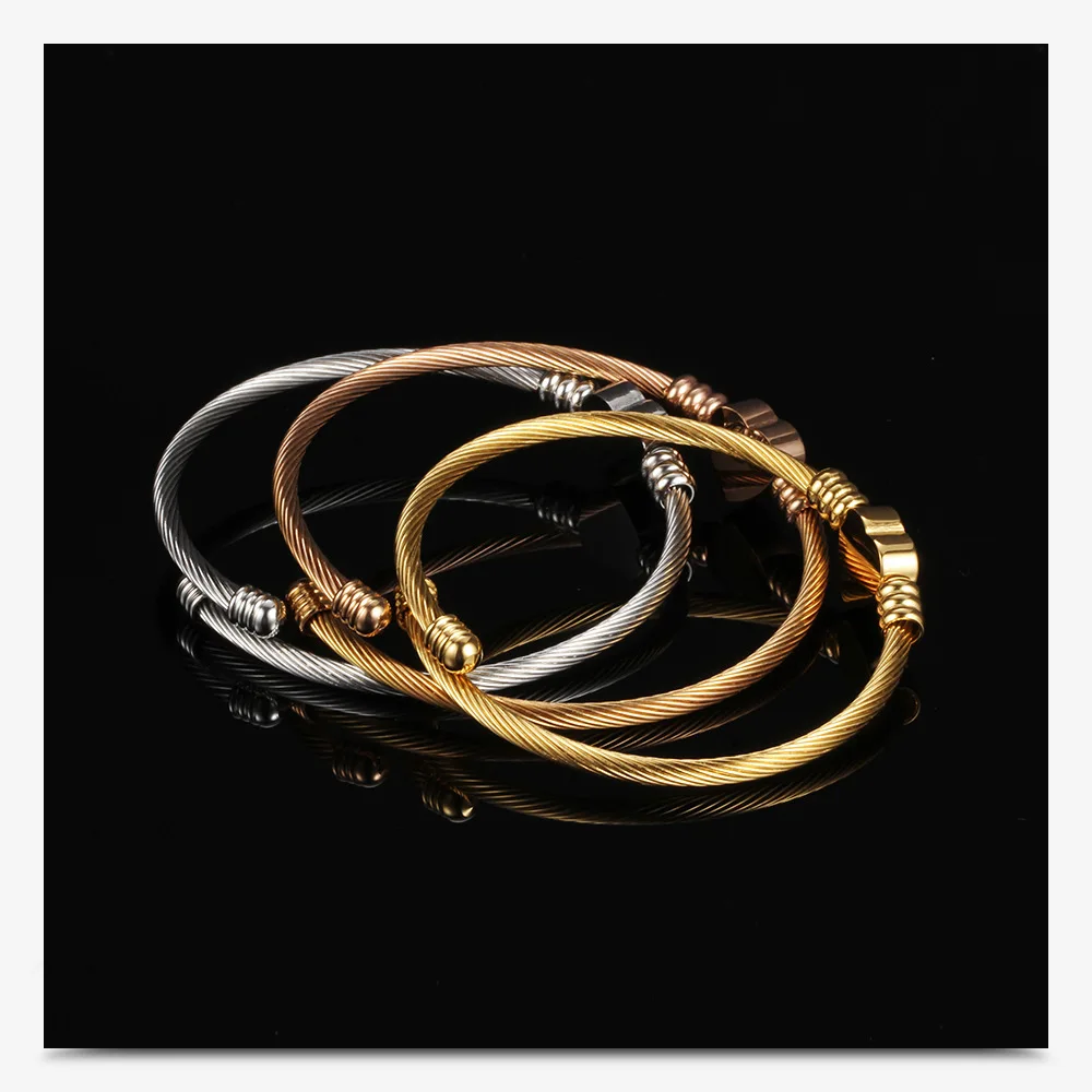 Stainless Steel Twisted Cable Wire Heart Charms Bracelets Bangles Gold Silver Color Open Adjustable Bracelet for Women Jewelry