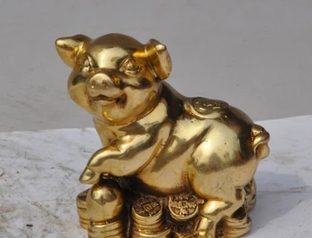 

chinese fengshui brass wealth yuanbao money animal zodiac pig play ball statue