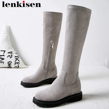 

2020 new design round toe med heelshigh street fashion flock solid hot selling concise style zipper stretch knee-high boots L11