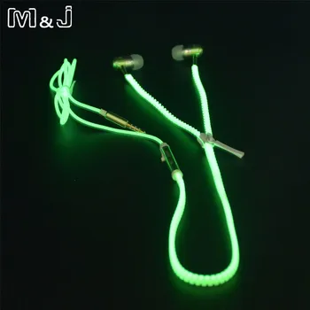 

M&J High Quality Full Glowing Earphone Luminous Light Metal Zipper Ear Phones Glow In The Dark For Iphone Samsung MP3 With Mic