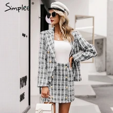 Simplee Vintage tweed plaid blazer women Buttons double breast office ladies blazer jackets Winter work wear female blazer coats