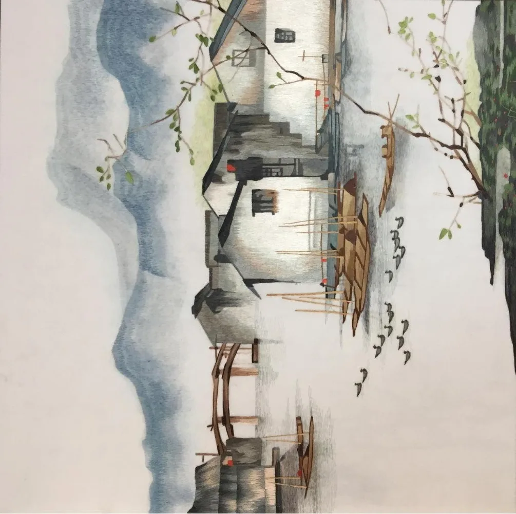

Water village Chinese handmade silk embroidery art painting wall decor Suzhou Embroidery
