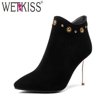 

WETKISS High Heels Women Boots Rivet Bootie Fashion Party Pointed Toe Shoes Winter Warm Lady High Neck Footwear Big Size 32-45
