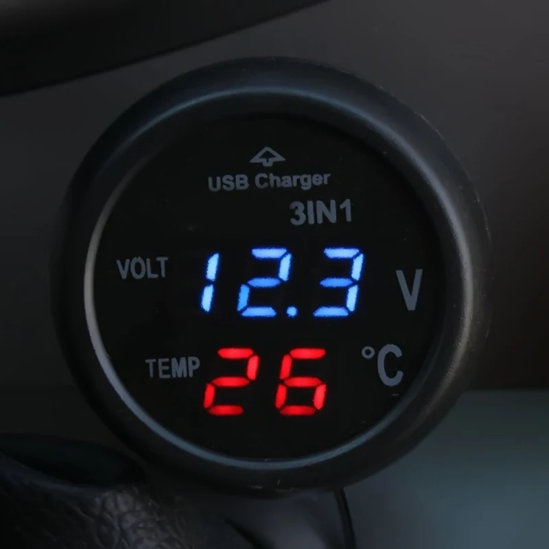 

New 3 in 1 Digital LED car Voltmeter Thermometer Auto Car USB Charger 12V/24V Temperature Meter Voltmeter Hot Sale