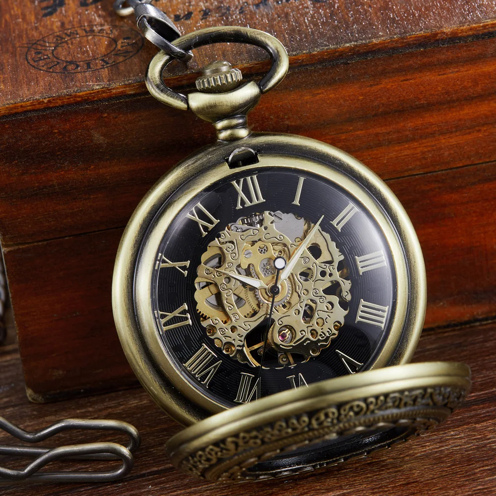 Steampunk Skeleton Mechanical Pocket Watches Half Hunter Hand Winding