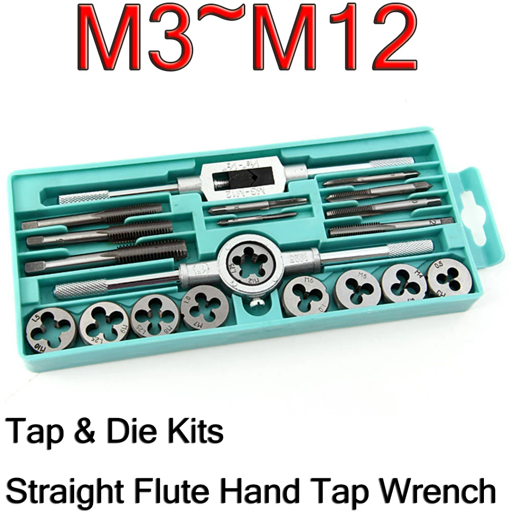 

20Pcs Tap & Die Kits M3~M12 Straight Flute Hand Tap Wrench Die Holder Car Motorcycle Maintenance Hand Tools Sets With Box