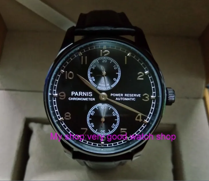 

43mm PARNIS power reserve Automatic Self-Wind Mechanical movement men's watch Black dial PVD case Mechanical watches zdgd90a