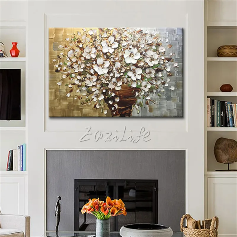 

Canvas oil painting caudros decoracion palette knife 3D texture acrylic white flower Wall art Picture For Living Room Home Decor