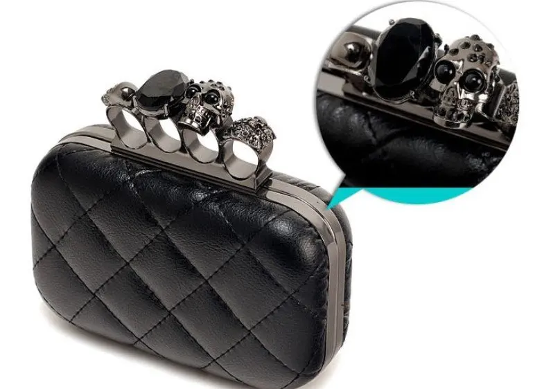  2015 vintage Skull purse,Black Skull Knuckle Rings Handbag Clutch Evening Bag With shoulder Chain Perfect free shopping EB085 