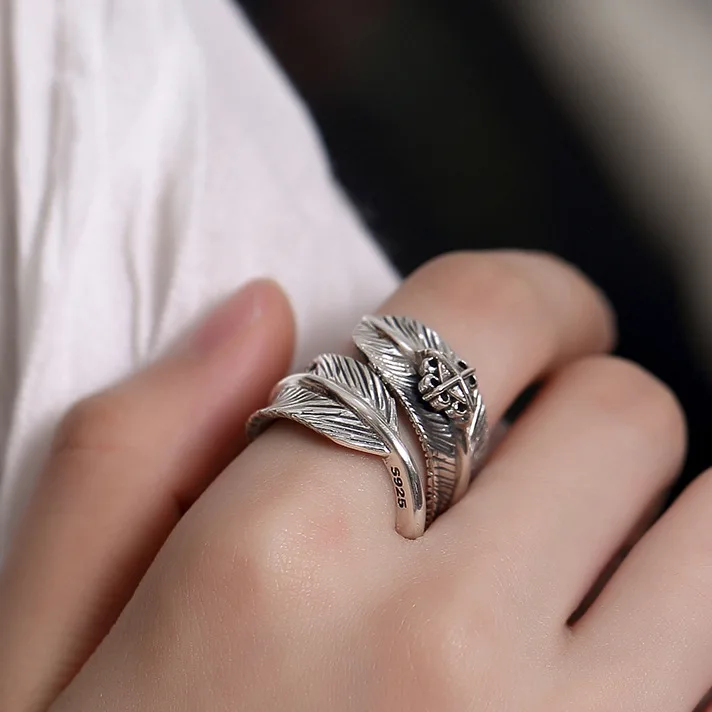 Женское Винтажное кольцо с перьями регулируемое в античном стиле|925 sterling silver