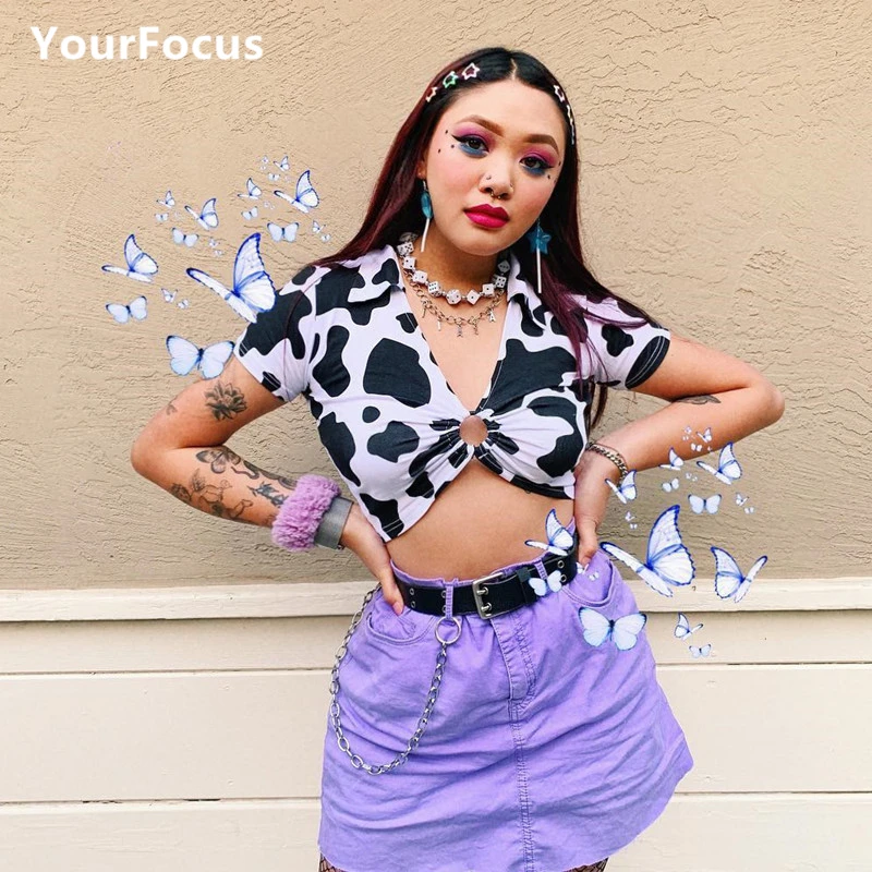 

Vintage harajuku cute kawaii streetwear cow pattern crop top sexy ring hollow short cropped tshirt women
