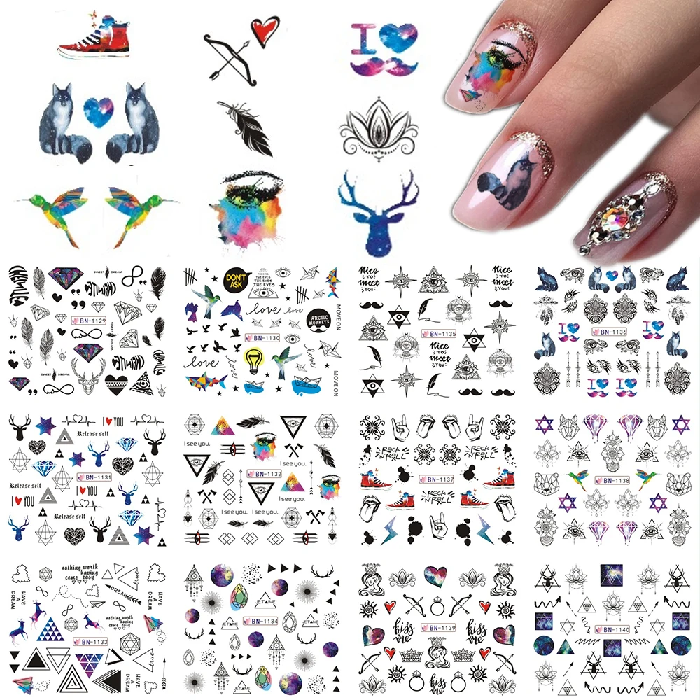 12 типов переводных наклеек для ногтей, цветочный лист, животное, глаз, сердце, леди, черный, белый, геометрический дизайн ногтей, Декор, слайдер, LABN1129-1140