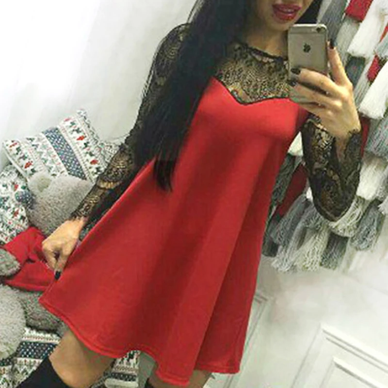 

Sexy Hollow Out Lace Stitching A-Line Dress Fashion Women Elegant 2018 Summer Long Sleeve Loose Party Mini Dresses