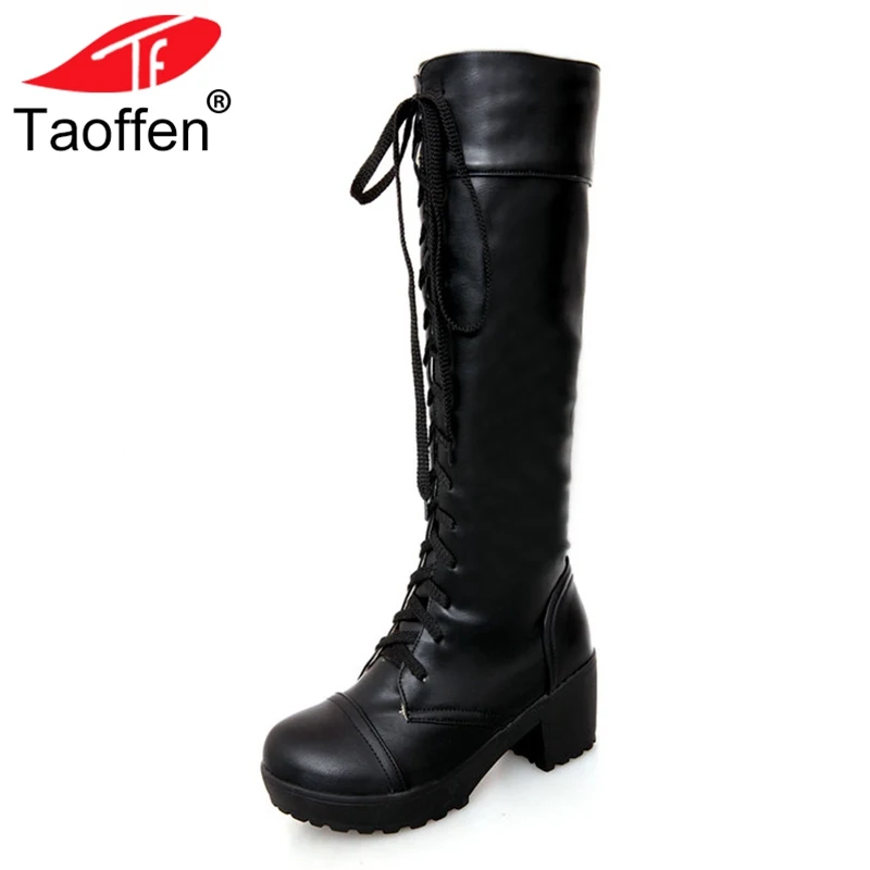 

TAOFFEN women high heel over knee boots motorcycle autumn winter botas cross strap boot footwear heels shoes P20542 size 34-43