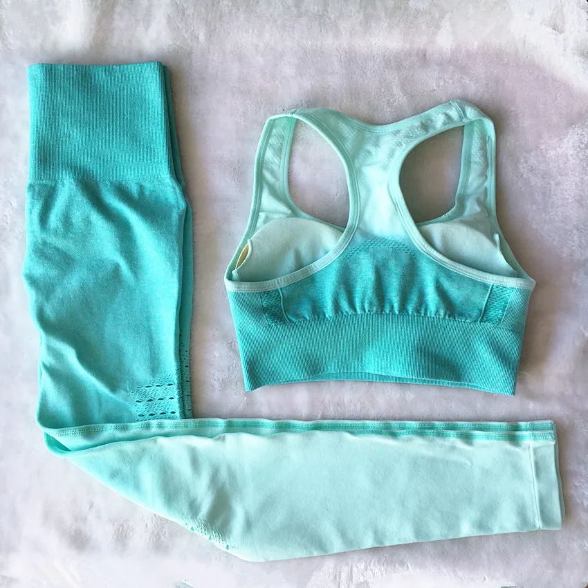Kopen Vrouwen Ombre Naadloze Gym Fitness Pak Beha Leggings Hoge Taille Yoga Sets Running Tights Scrunch Butt Running Sport Pak Trainingspak