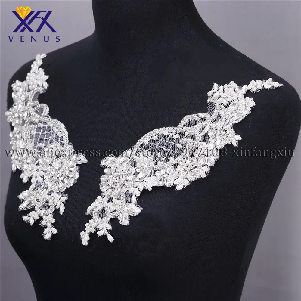 

XFX VENUS wholesale New style mesh rhinestone and Pearl applique Flowers Embroidery Patches Clothes Wedding applique lady dress