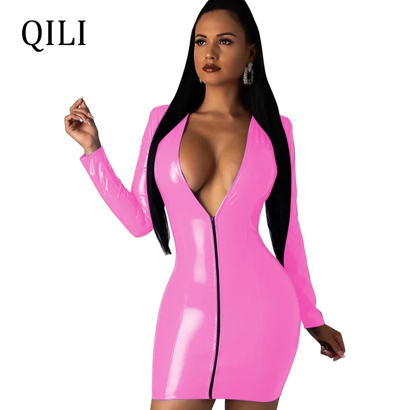 

QILI Sexy V neck PU Dress Women Long Sleeve Zipper Short Style Leather Dresses Yellow Black Blue Fashion Women PU Dress New